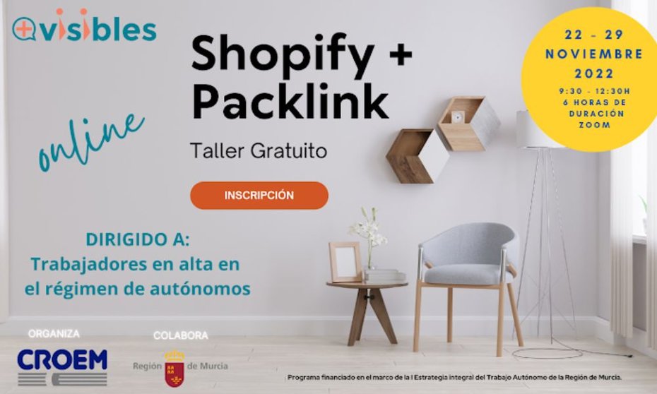 Taller Shopify+Packlink los días 22 y 29 de noviembre de 9:30 a 12:30h, modalidad Online-Zoom