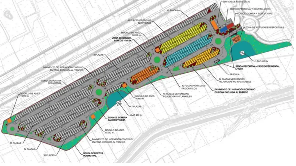 Planta del área de estacionamiento de la Ciudad Agroalimentaria y del Transporte de la Región de Murcia.