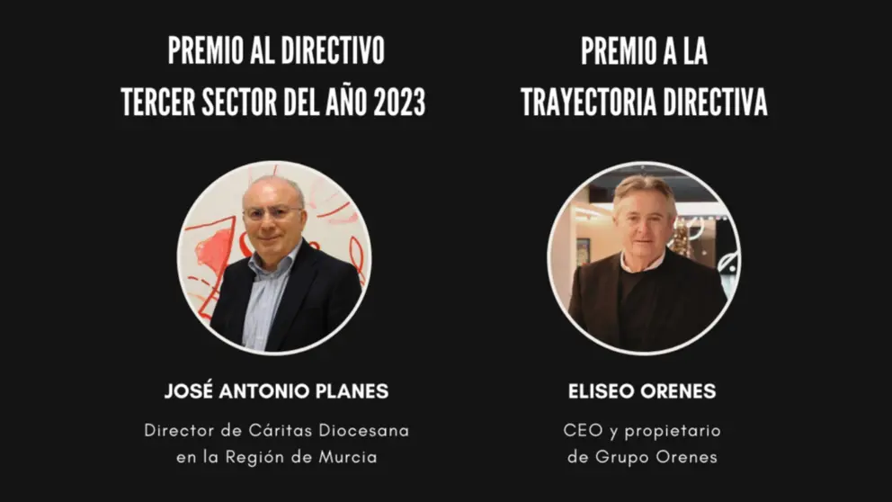 Jos&eacute; Antonio Planes (C&aacute;ritas) y Eliseo Orenes (Grupo Orenes), premios al directivo tercer sector y a la trayectoria directiva en los II Premios CRC Directivos ADIMUR del A&ntilde;o 2023