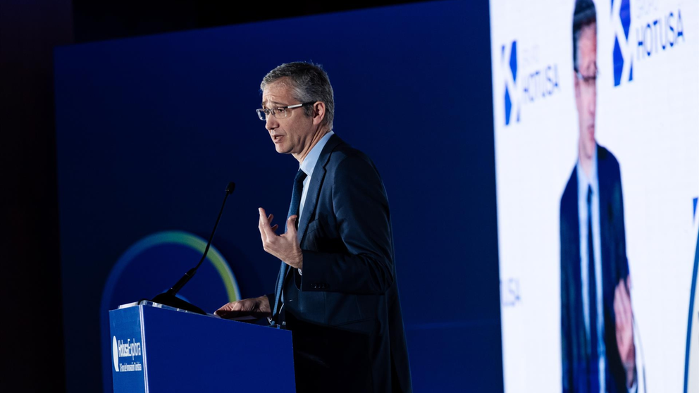 El gobernador del Banco de España, Pablo Hernández de Cos, interviene durante el X Foro de Innovación Turística Hotusa Explora, en el Hotel Eurostars Tower, a 22 de enero de 2024, en Madrid (Foto: Carlos Luján - Europa Press)