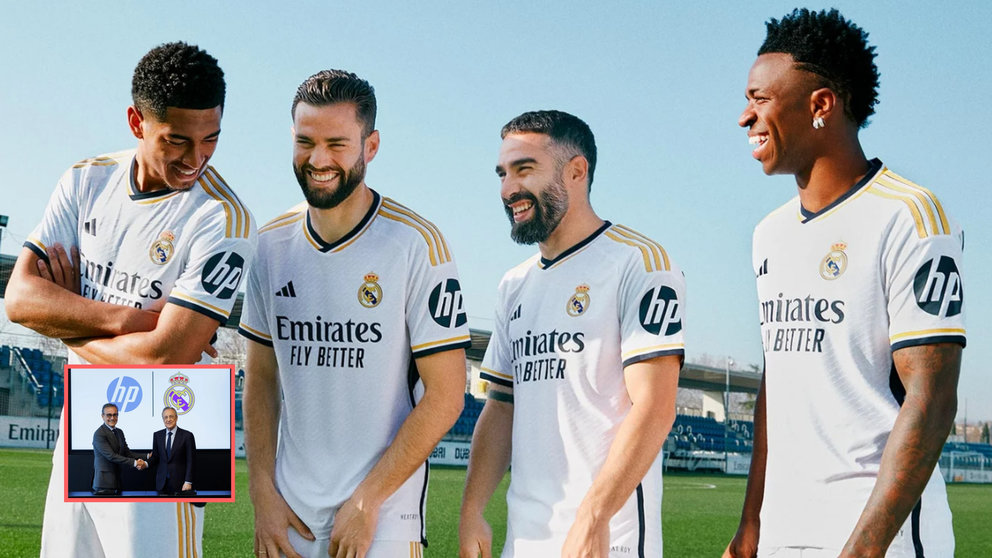 Los jugadores del Real Madrid posan con el logo de HP. Abajo, el presidente del Real Madrid, Florentino Pérez (der.) y el respomsable de Marketing de HP, Antonio Lucio