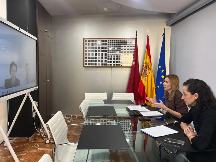 La consejera de Empresa, Empleo y Econom&iacute;a Social, Marisa L&oacute;pez Arag&oacute;n, junto con la secretaria general de la Consejer&iacute;a, Ana Losantos, durante el encuentro telem&aacute;tico