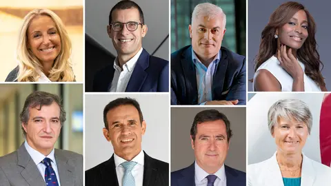 De izda. a dcha.: M&ordf;. Helena Antol&iacute;n (Grupo Antol&iacute;n); Horacio Morell (IBM Espa&ntilde;a); Daniel Jim&eacute;nez (Vodafone); Bisila Bokoko (BBES International); Man&eacute; Calvo (Grupo Calvo); Jaume Masana (Caixabank); Antonio Garamendi (CEOE) y H&eacute;l&egrave;ne Valenzuela (Ouigo Espa&ntilde;a)
