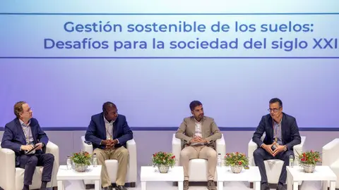 En la imagen, de I a D, Emilio Gonzalez, Davie Kadyampakeni, Aurelio Scavo y Kamel Gargouri durante el coloquio &laquo;La incidencia de las cubiertas vegetales en la salud y calidad del suelo&raquo;. EFE/ Ana Escobar