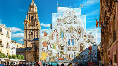 Lona de 1.000 m2 con motivo de la restauraci&oacute;n de la fachada de la Catedral de Murcia