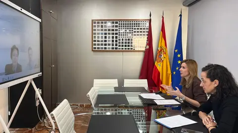 La consejera de Empresa, Empleo y Econom&iacute;a Social, Marisa L&oacute;pez Arag&oacute;n, junto con la secretaria general de la Consejer&iacute;a, Ana Losantos, durante el encuentro telem&aacute;tico