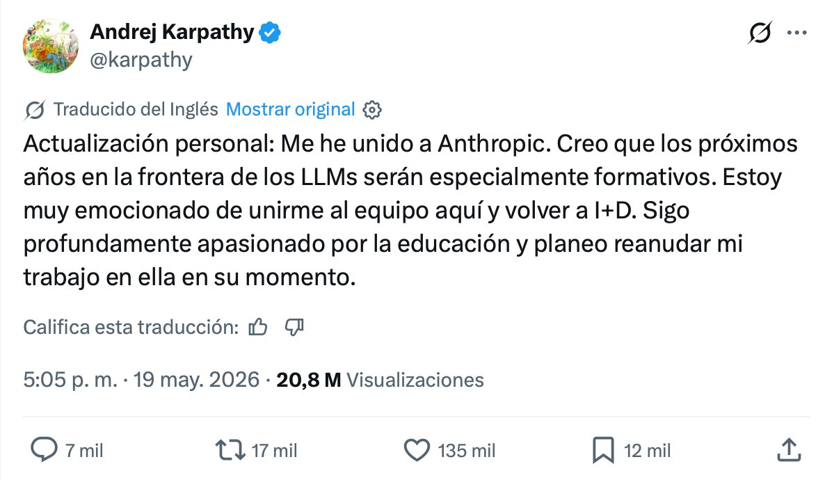 Post en 'X' de Andrej Karpathy